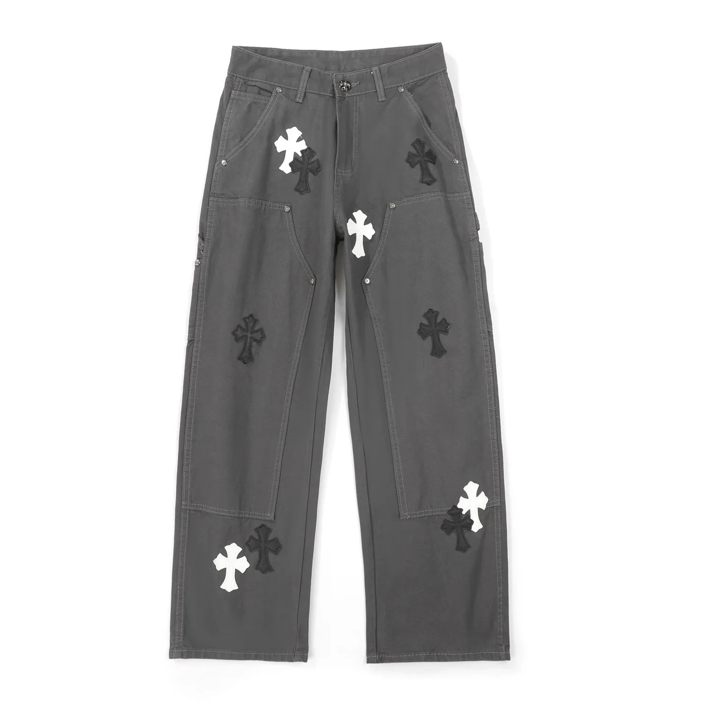 P280 Chrome hearts Cross patch leather jeans workwear logging pants Chrome hearts logging pants are here! ! ! CH Croix Heart Double Knee Cross Patch Leather Bo1 Style Logging Pants Straight-leg Work Pants B136 Croix Heart Cross Sanskrit Overalls Price 34W Level, patchwork cross pattern embellishment, high-waisted washed jeans! ! Absolutely high-end luxury products, 1.9W level god-level single products, super popular products, made by top heavy industry, not to be missed. About Zangyin, this is an extremely luxurious fashion brand, which can also be called the nobles of the high street. It has always been an exclusive brand of some hipsters or rich second generation. Compared with ordinary high streets, it is more luxurious and noble. Compared with luxury brands, it has a more fashionable personality and has always been a brand that I have a special liking for. Imported yarn is custom-woven into a high-density twill canvas, which ensures a crisp silhouette while also making the fabric feel very delicate. It follows the B01 classic silhouette, with a crisp and stylish upper body. The ready-made garments are stone-ground and fermented and can be matched with any style. Buttons and zinc are washed with genuine YKK retro metal products. Double-layered canvas on the front. Perfect details. All hardware is perfect. Size: s-XXL Color: Gray